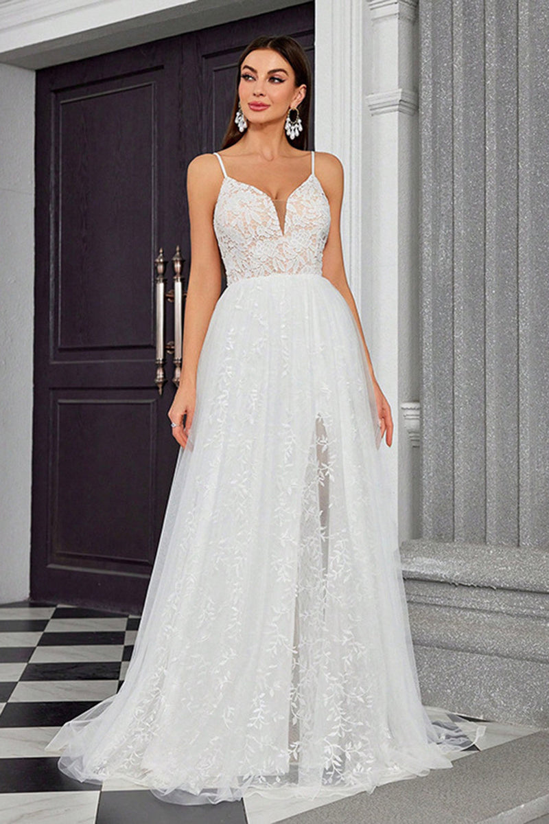 Load image into Gallery viewer, A Line Ivory Spaghetti StrapsAppliqued Long Wedding Dress