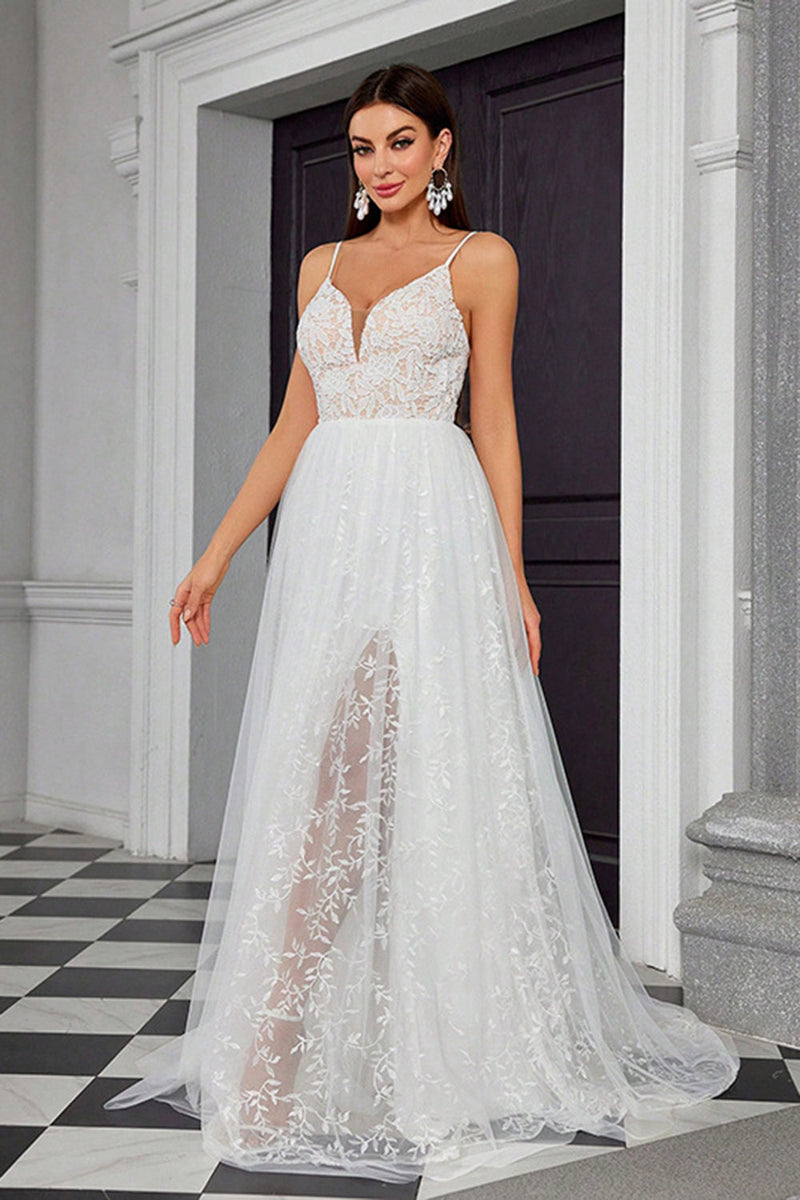 Load image into Gallery viewer, A Line Ivory Spaghetti StrapsAppliqued Long Wedding Dress