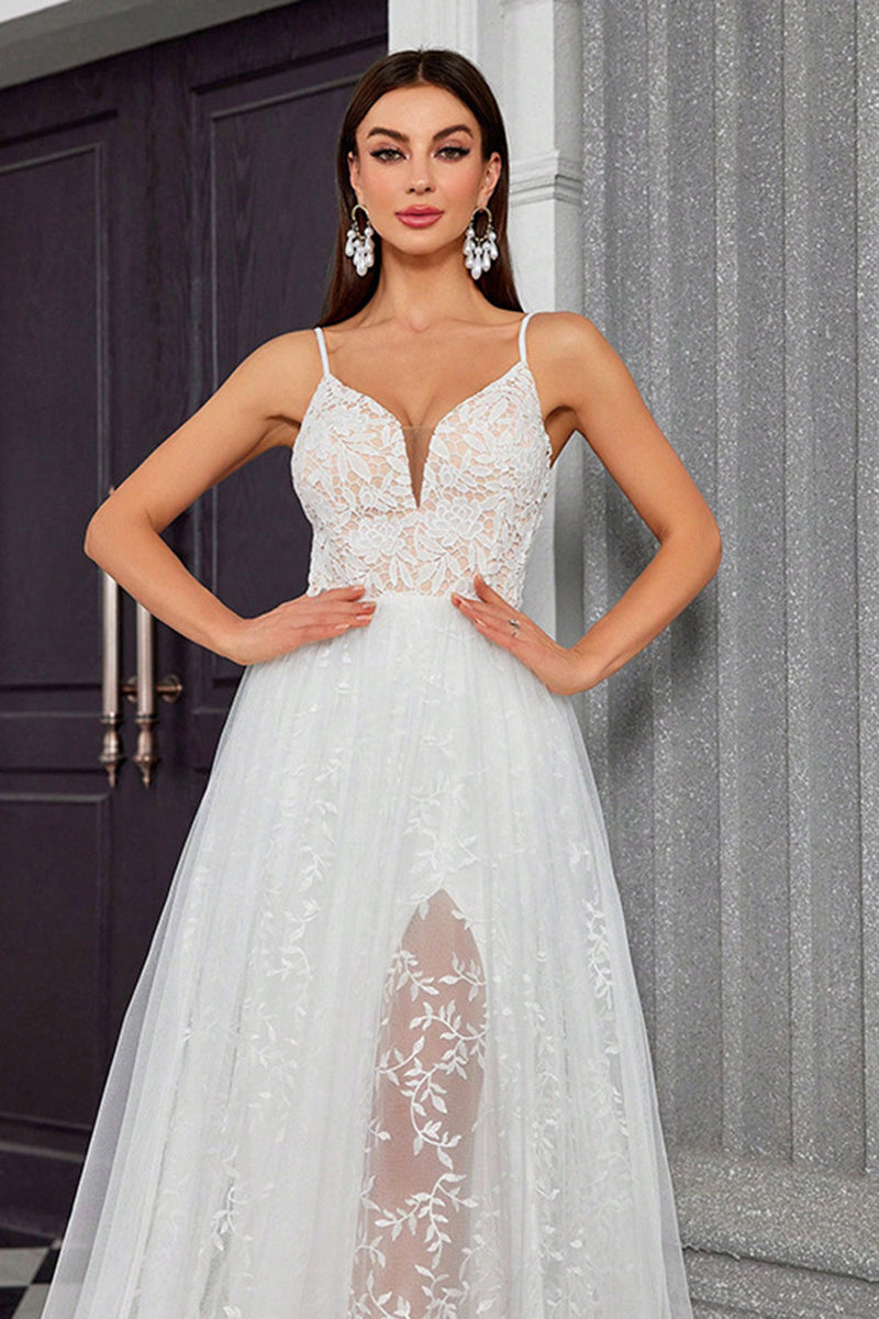 Load image into Gallery viewer, A Line Ivory Spaghetti StrapsAppliqued Long Wedding Dress