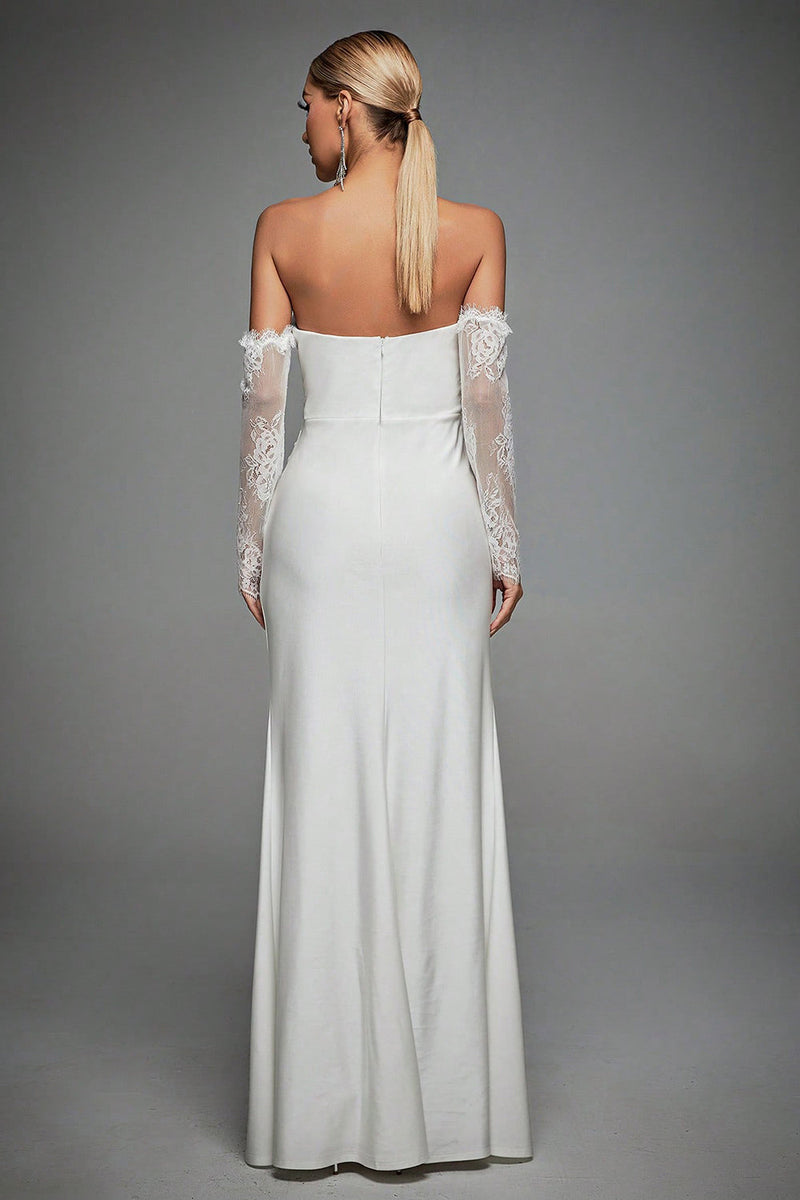 Load image into Gallery viewer, Ivory Off The Shoulder Lace Sleeves Long Wedding Dress with Slit