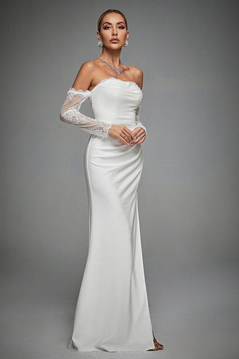 Load image into Gallery viewer, Ivory Off The Shoulder Lace Sleeves Long Wedding Dress with Slit