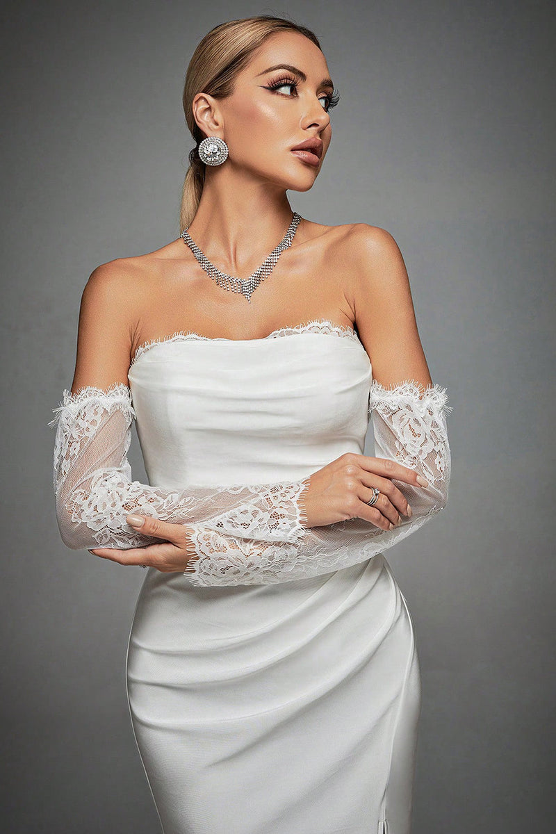 Load image into Gallery viewer, Ivory Off The Shoulder Lace Sleeves Long Wedding Dress with Slit