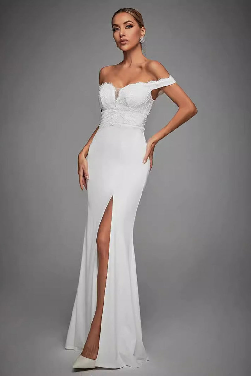 Load image into Gallery viewer, Off The Shoulder Ivory Mermaid Long Wedding Dress with Slit