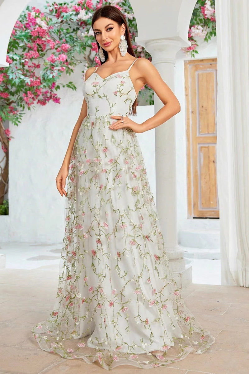 Load image into Gallery viewer, A Line Ivory Flower Spaghetti Straps Embroidery Long Wedding Dress