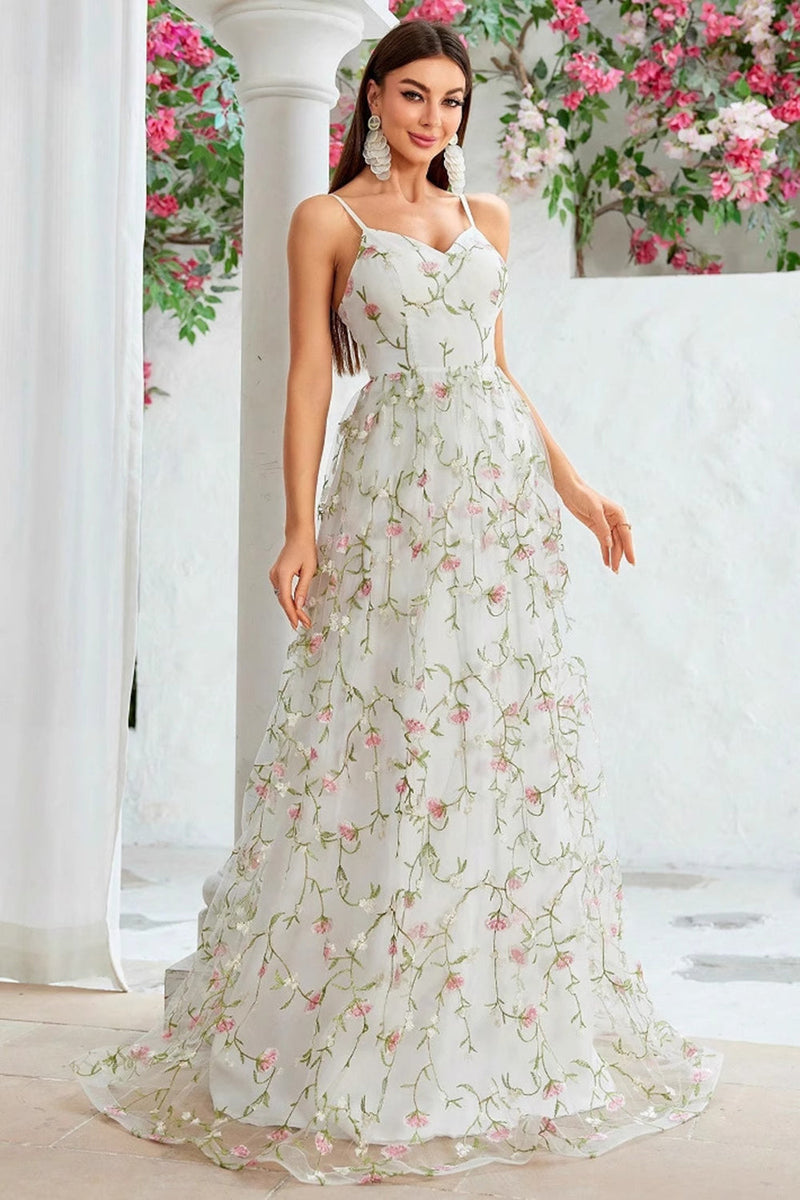 Load image into Gallery viewer, A Line Ivory Flower Spaghetti Straps Embroidery Long Wedding Dress