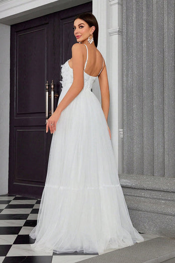 Ivory Pleated A Line Spaghetti Straps Long Wedding Dress