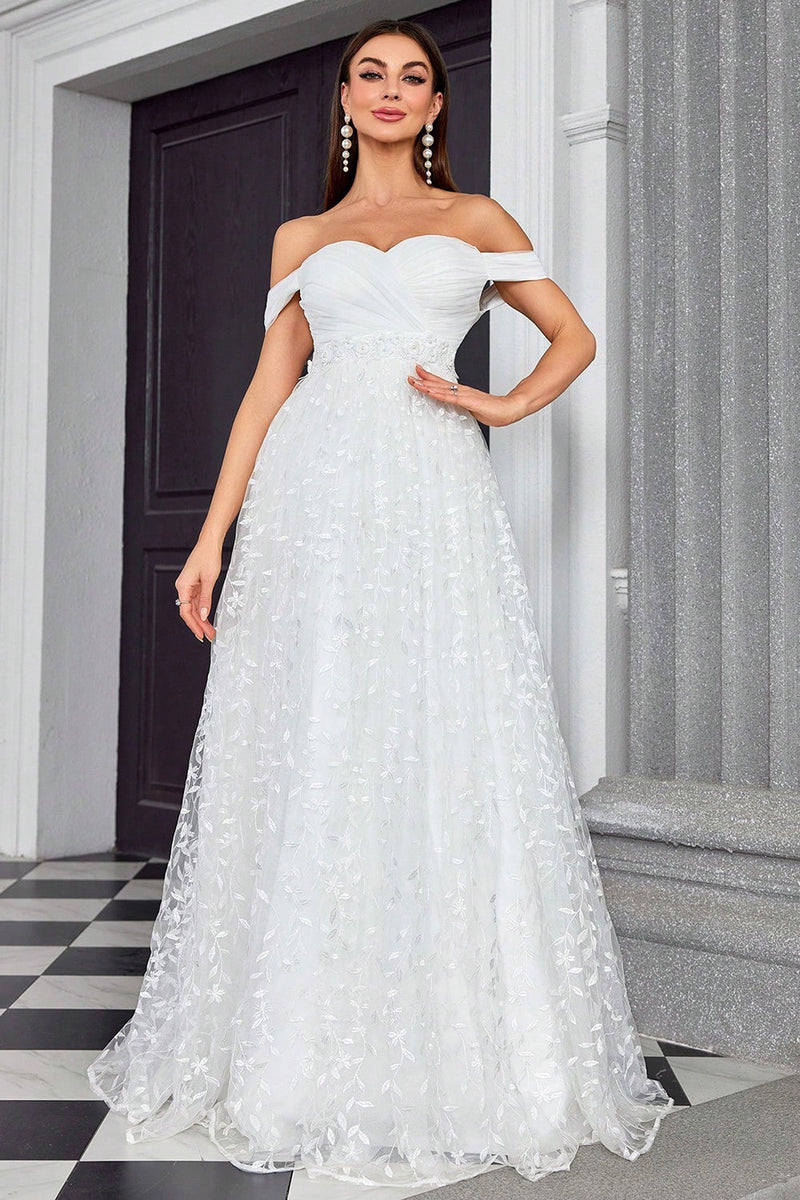 Load image into Gallery viewer, Off The Shoulder A Line Ivory Sweetheart Long Wedding Dress