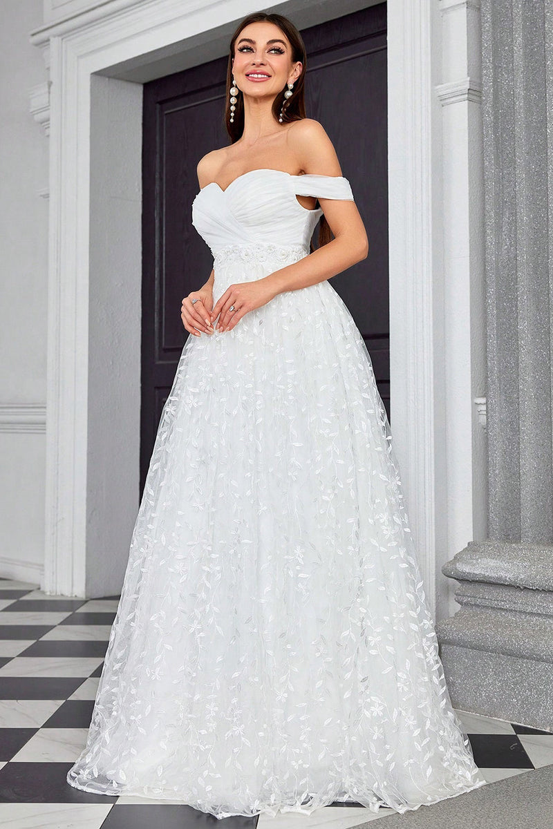 Load image into Gallery viewer, Off The Shoulder A Line Ivory Sweetheart Long Wedding Dress