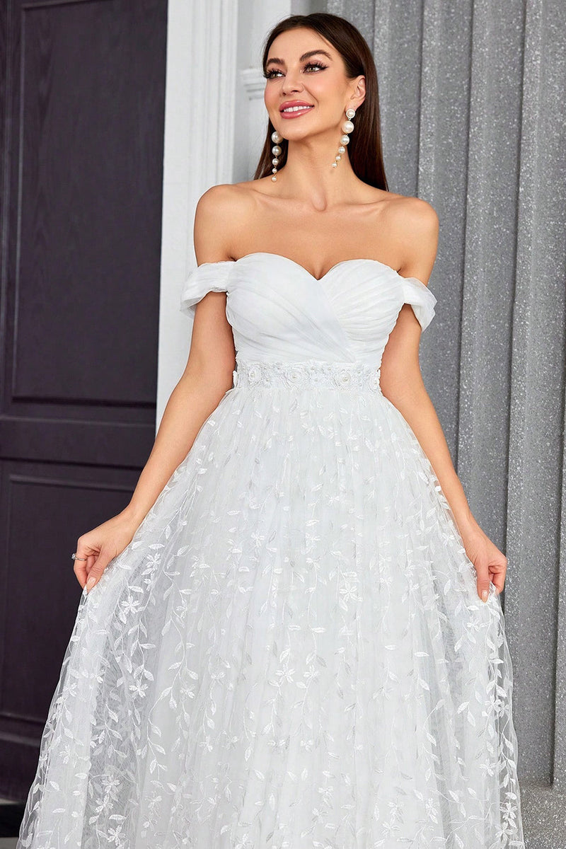 Load image into Gallery viewer, Off The Shoulder A Line Ivory Sweetheart Long Wedding Dress