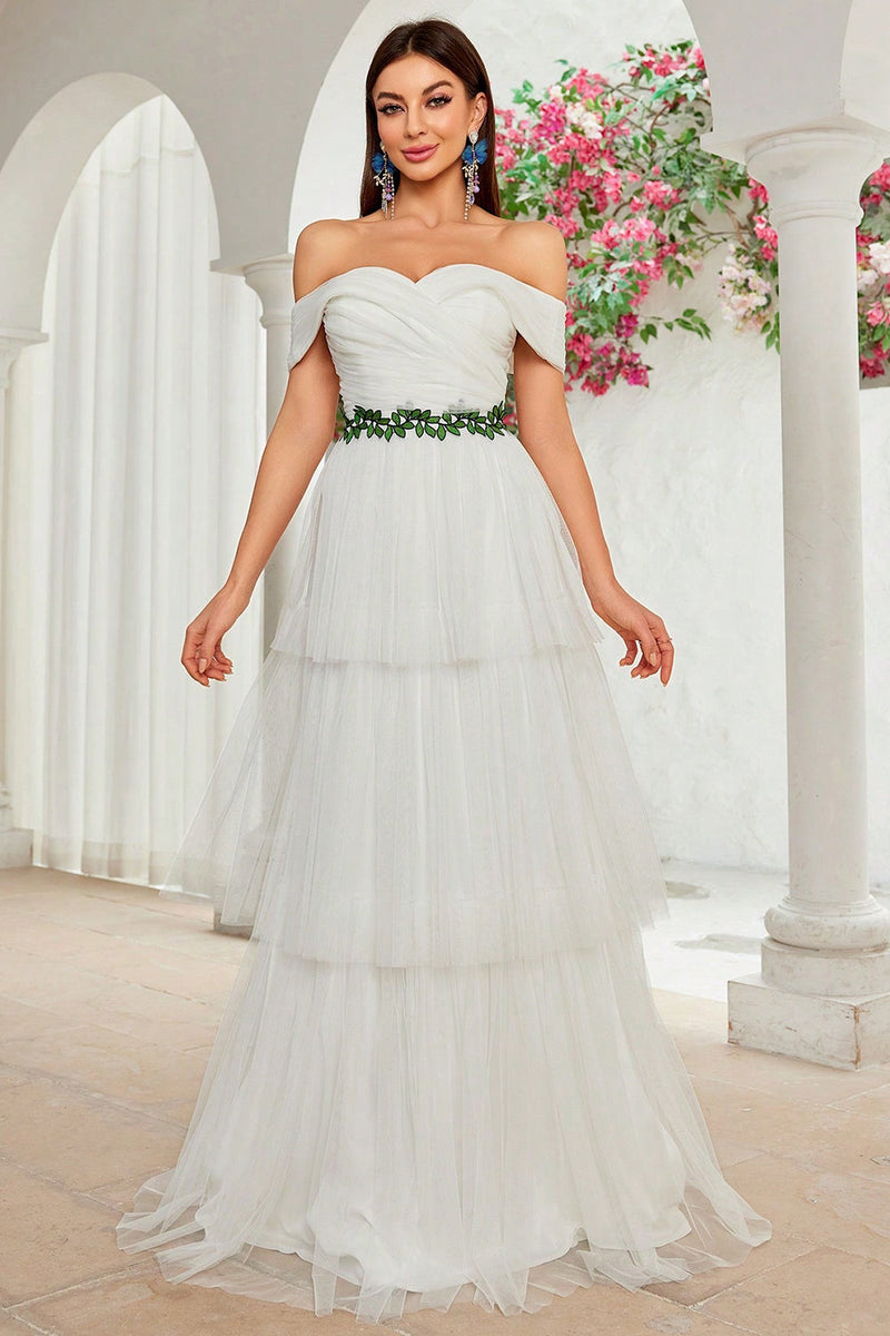 Load image into Gallery viewer, A Line Ivory Off The Shoulder Tiered Tulle Long Wedding Dress