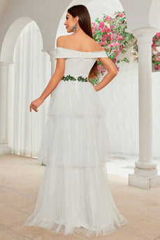 A Line Ivory Off The Shoulder Tiered Tulle Long Wedding Dress