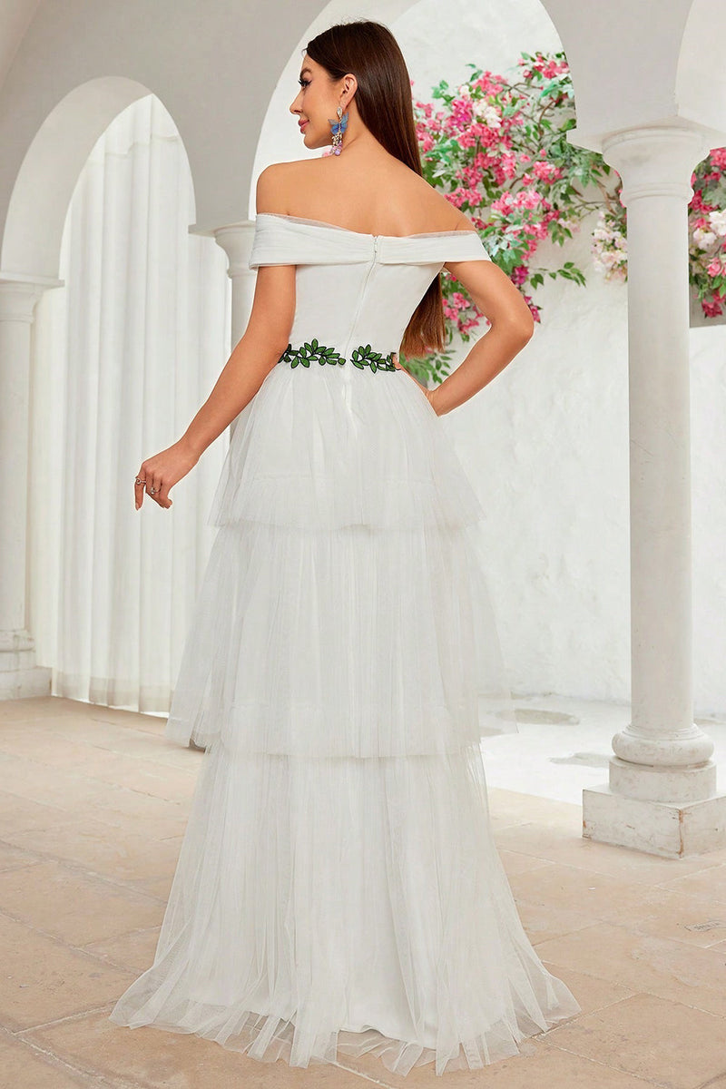 Load image into Gallery viewer, A Line Ivory Off The Shoulder Tiered Tulle Long Wedding Dress