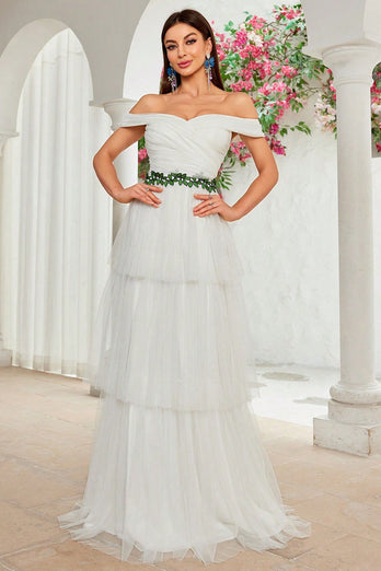 A Line Ivory Off The Shoulder Tiered Tulle Long Wedding Dress