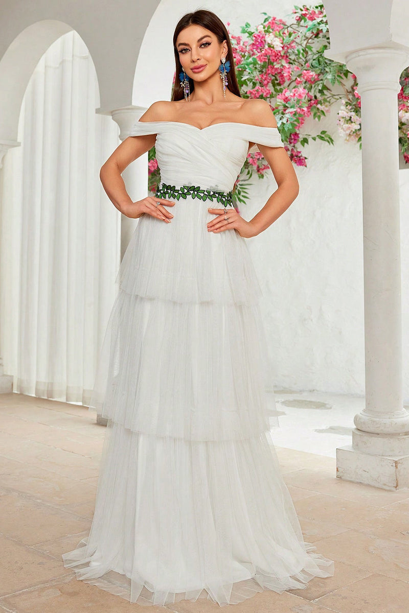 Load image into Gallery viewer, A Line Ivory Off The Shoulder Tiered Tulle Long Wedding Dress