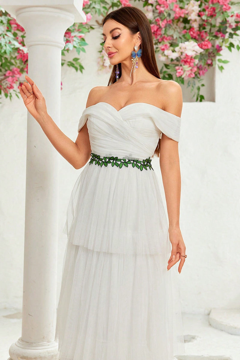 Load image into Gallery viewer, A Line Ivory Off The Shoulder Tiered Tulle Long Wedding Dress