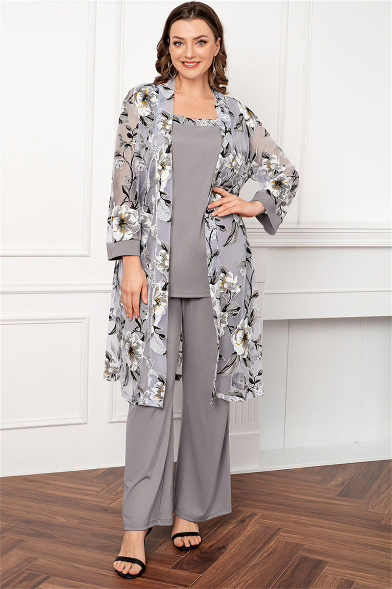 Load image into Gallery viewer, Silver Round Neck Chiffon Long Sleeves 3 Pieces Mother of the Bride Pant Suits