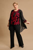 Load image into Gallery viewer, Black Red Flower Round Neck Long Sleeves 3 Pieces Mother of the Bride Pant Suits