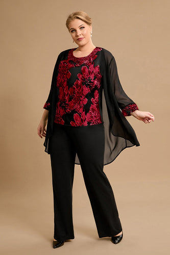 Black Red Flower Round Neck Long Sleeves 3 Pieces Mother of the Bride Pant Suits