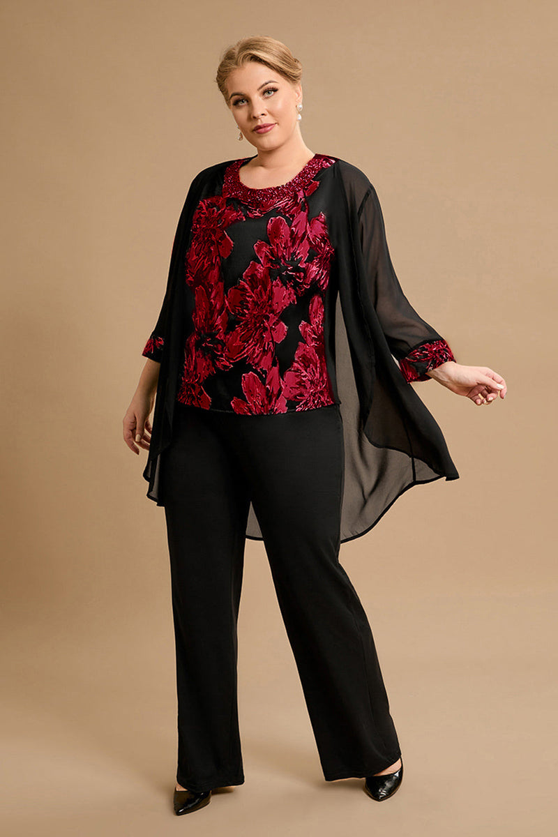 Load image into Gallery viewer, Black Red Flower Round Neck Long Sleeves 3 Pieces Mother of the Bride Pant Suits