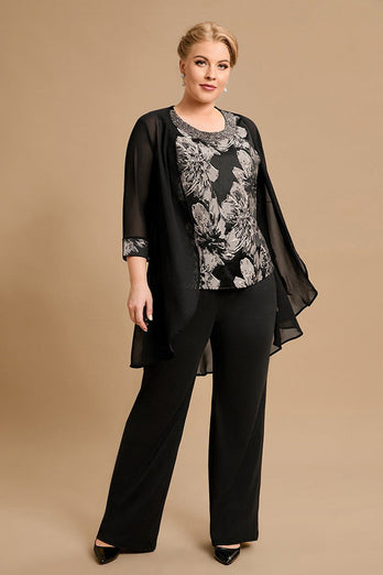 Black Red Flower Round Neck Long Sleeves 3 Pieces Mother of the Bride Pant Suits