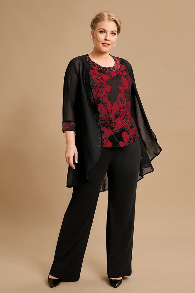 Load image into Gallery viewer, Black Red Flower Round Neck Long Sleeves 3 Pieces Mother of the Bride Pant Suits