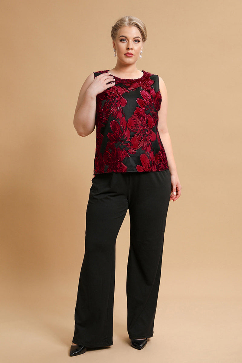 Load image into Gallery viewer, Black Red Flower Round Neck Long Sleeves 3 Pieces Mother of the Bride Pant Suits