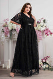 Navy A-Line Lace V-Neck Short Sleeves Long Mother of the Bride Dress