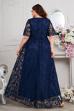 Navy A-Line V-Neck Short Sleeves Long Choir Dress with Lace