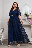 Navy A-Line V-Neck Short Sleeves Long Choir Dress with Lace