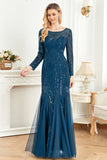 Sparkly Ink Blue Appliques Beads Long Sleeves Round Neck Mother Of The Bride Dress
