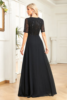 Black Chiffon Half Sleeves Round Neck Appliques A Line Mother of the Bride Dress