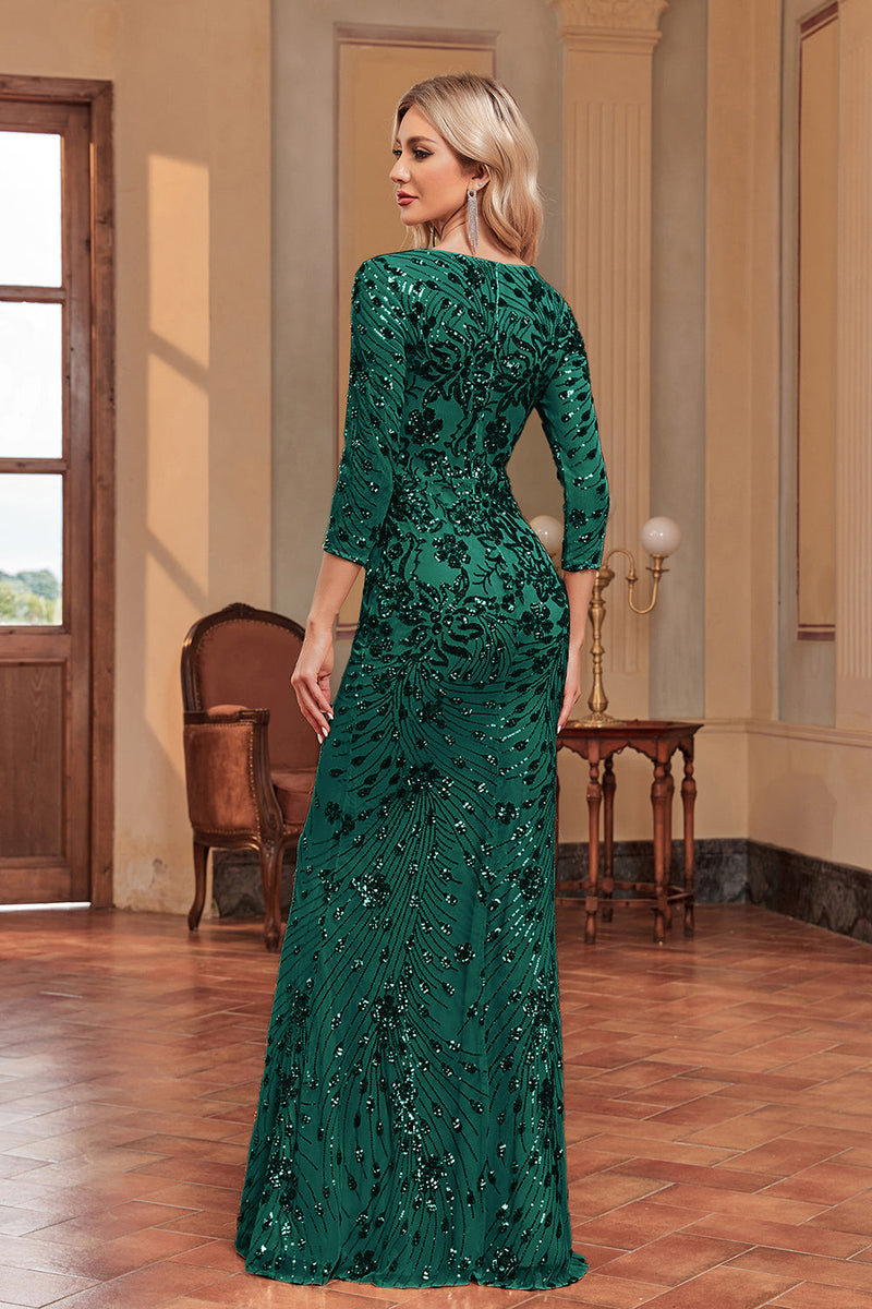 Load image into Gallery viewer, Sparkly Dark Green Mermaid Appliques Square Neck Mother of the Bride Dress with 3/4 Sleeves