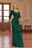 Sparkly Dark Green Mermaid Sequins Long Choir Dress with 3/4 Sleeves