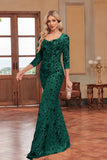 Sparkly Dark Green Mermaid Sequins Long Choir Dress with 3/4 Sleeves