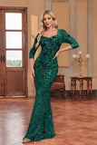 Sparkly Dark Green Mermaid Sequins Long Choir Dress with 3/4 Sleeves