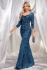 Load image into Gallery viewer, Sparkly Dark Green Mermaid Appliques Square Neck Mother of the Bride Dress with 3/4 Sleeves