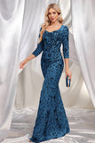 Sparkly Dark Green Mermaid Sequins Long Choir Dress with 3/4 Sleeves
