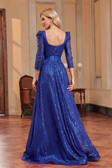 Royal Blue A Line Sequin Square Neck Long Mother Of The Bride Dress