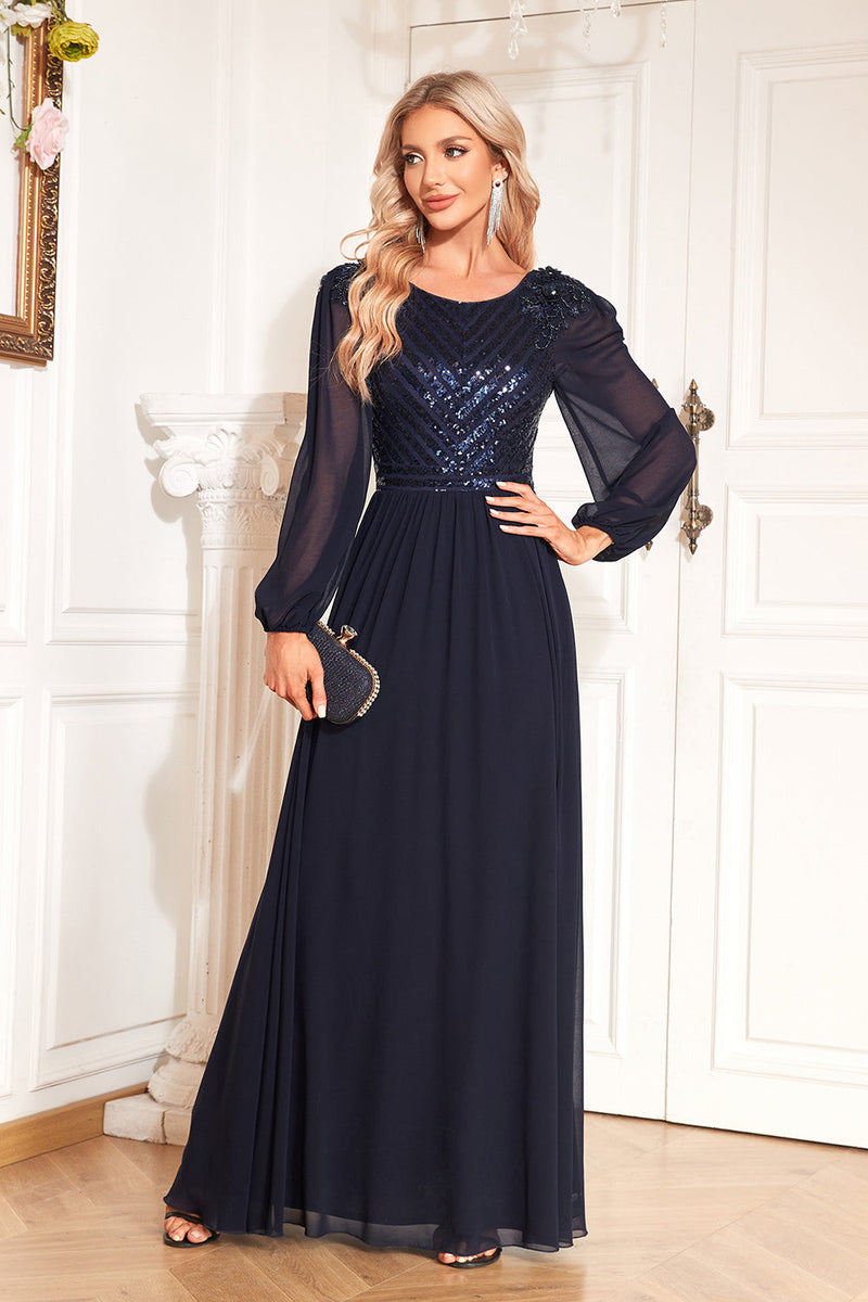 Load image into Gallery viewer, Navy Sequin Long Sleeves A Line Tulle Long Mother Of The Bride Dresse