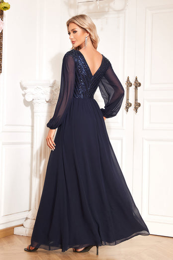 Navy Sequin Long Sleeves A Line Tulle Long Mother Of The Bride Dresse