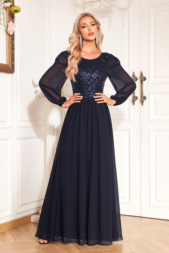 Navy Sequin Long Sleeves A Line Tulle Long Mother Of The Bride Dresse