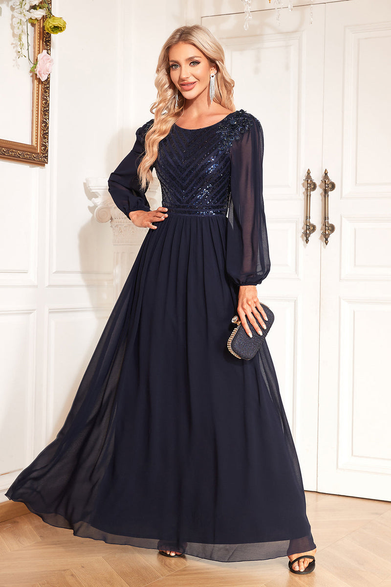 Load image into Gallery viewer, Navy Sequin Long Sleeves A Line Tulle Long Mother Of The Bride Dresse