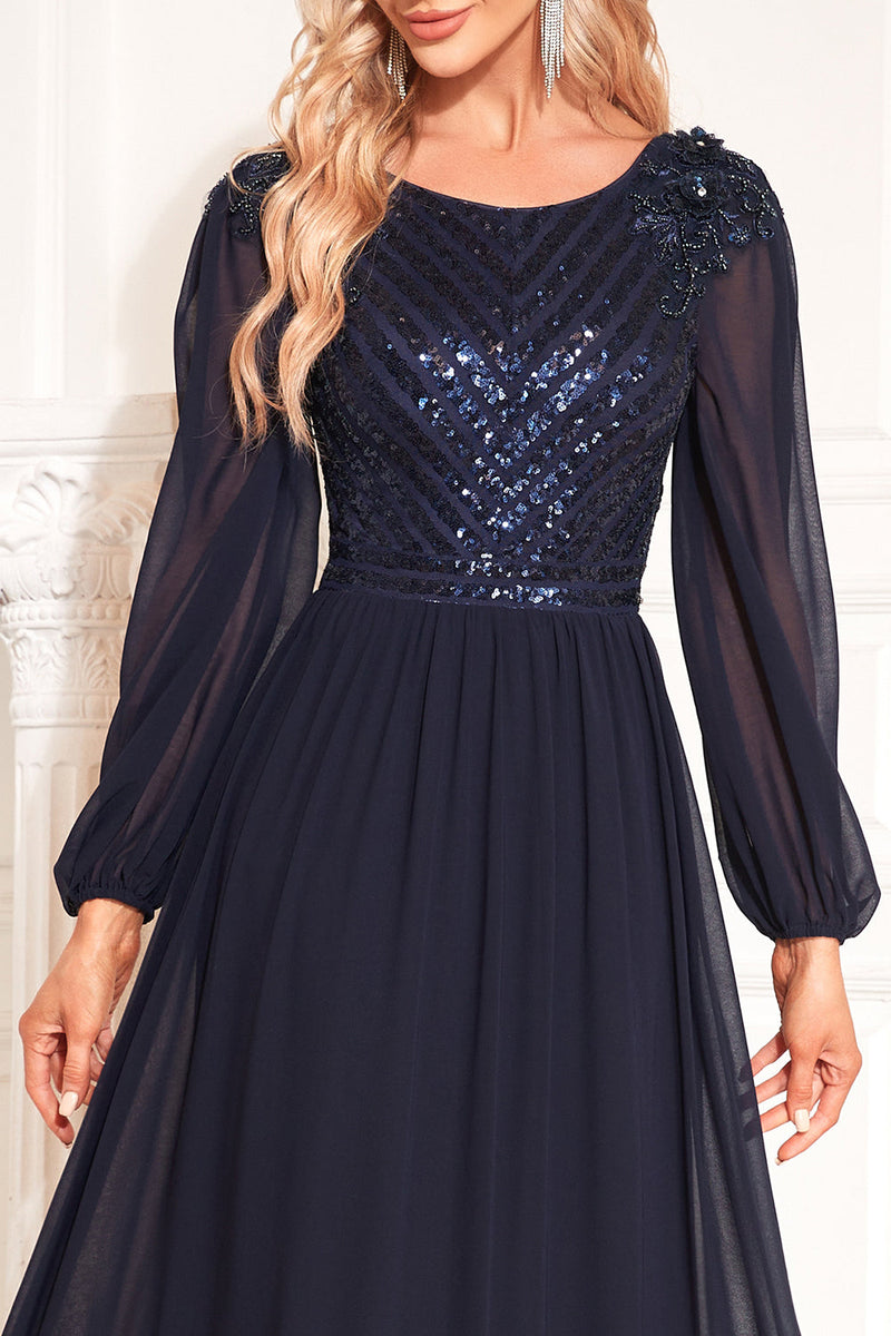 Load image into Gallery viewer, Navy Sequin Long Sleeves A Line Tulle Long Mother Of The Bride Dresse