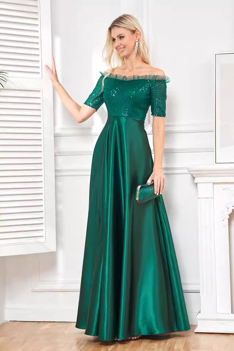 Load image into Gallery viewer, Sparkly Dark Green Satin A Line Mother of Bride Dress