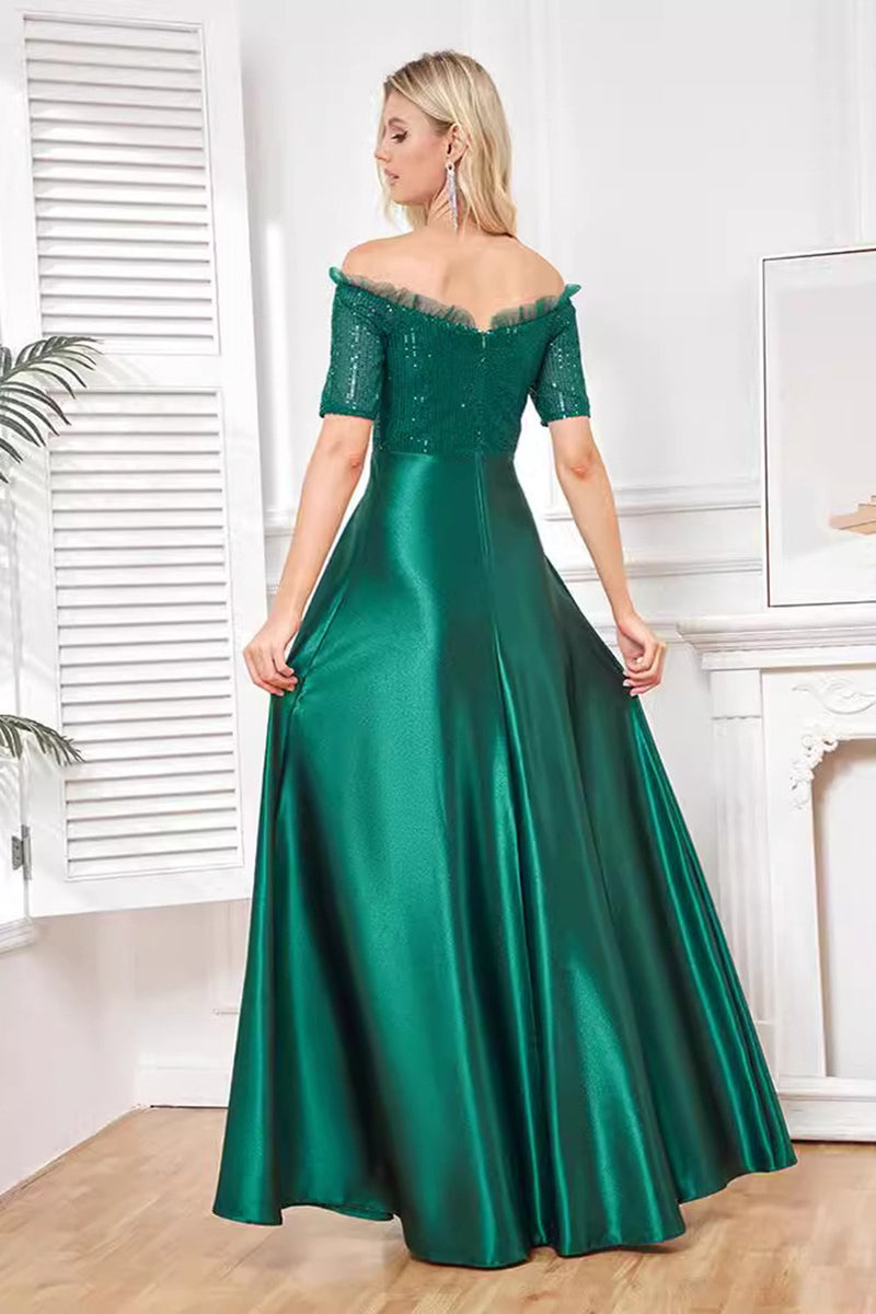 Load image into Gallery viewer, Sparkly Dark Green Satin A Line Mother of Bride Dress