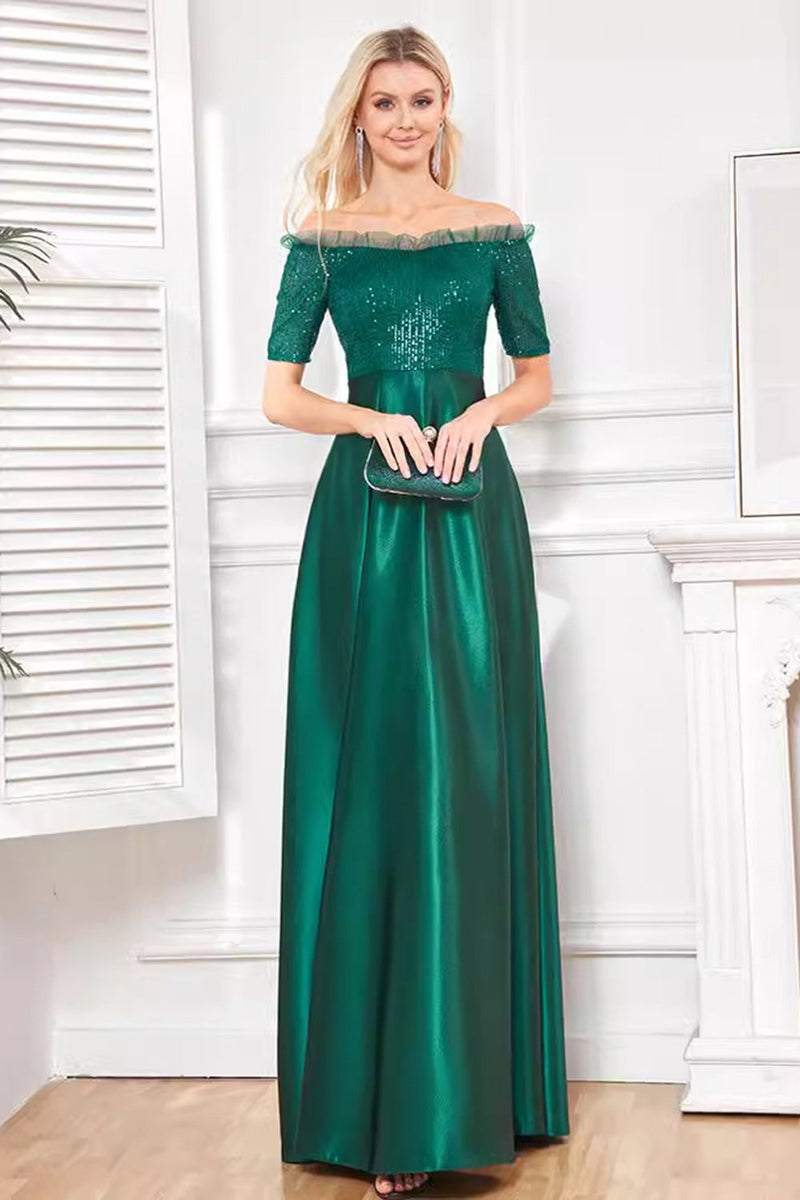 Load image into Gallery viewer, Sparkly Dark Green Satin A Line Mother of Bride Dress