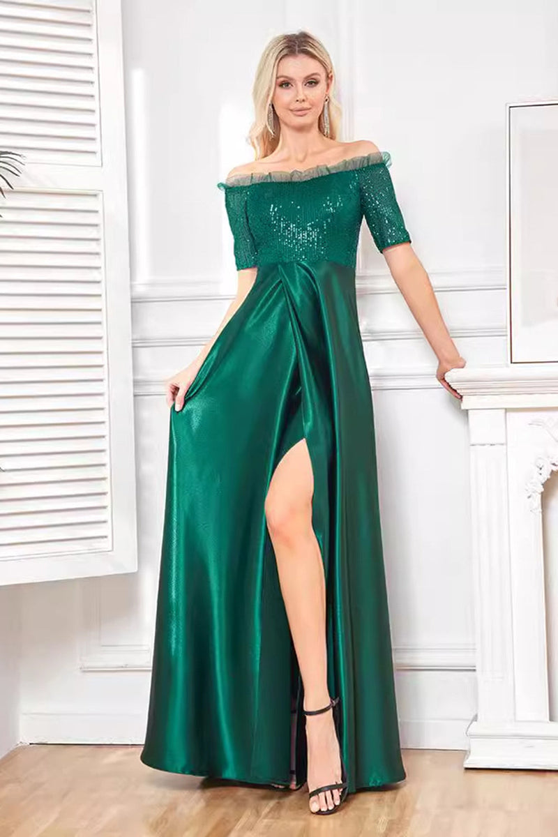 Load image into Gallery viewer, Sparkly Dark Green Satin A Line Mother of Bride Dress