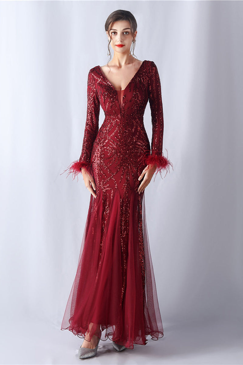 Load image into Gallery viewer, Sparkly Mermaid Burgundy Feathered Mother of Bride Dress with Long Sleeves