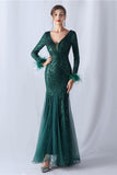 Sparkly Mermaid Burgundy Feathered Formal Dress with Long Sleeves