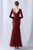 Sparkly Mermaid Burgundy Feathered Formal Dress with Long Sleeves